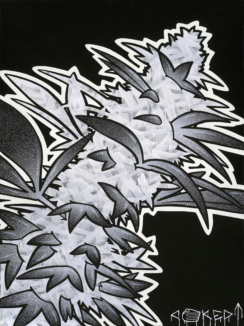 A black and white abstract graffiti art piece with a stylized, organic form resembling a cannabis plant flower, with a textured and layered pattern