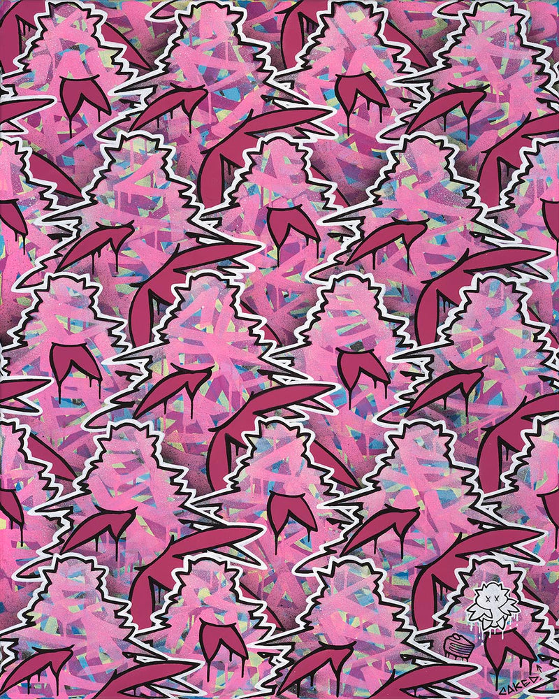 Abstract graffiti painting of a pattern of pink cannabis flowers resembling the canopy of a crop
