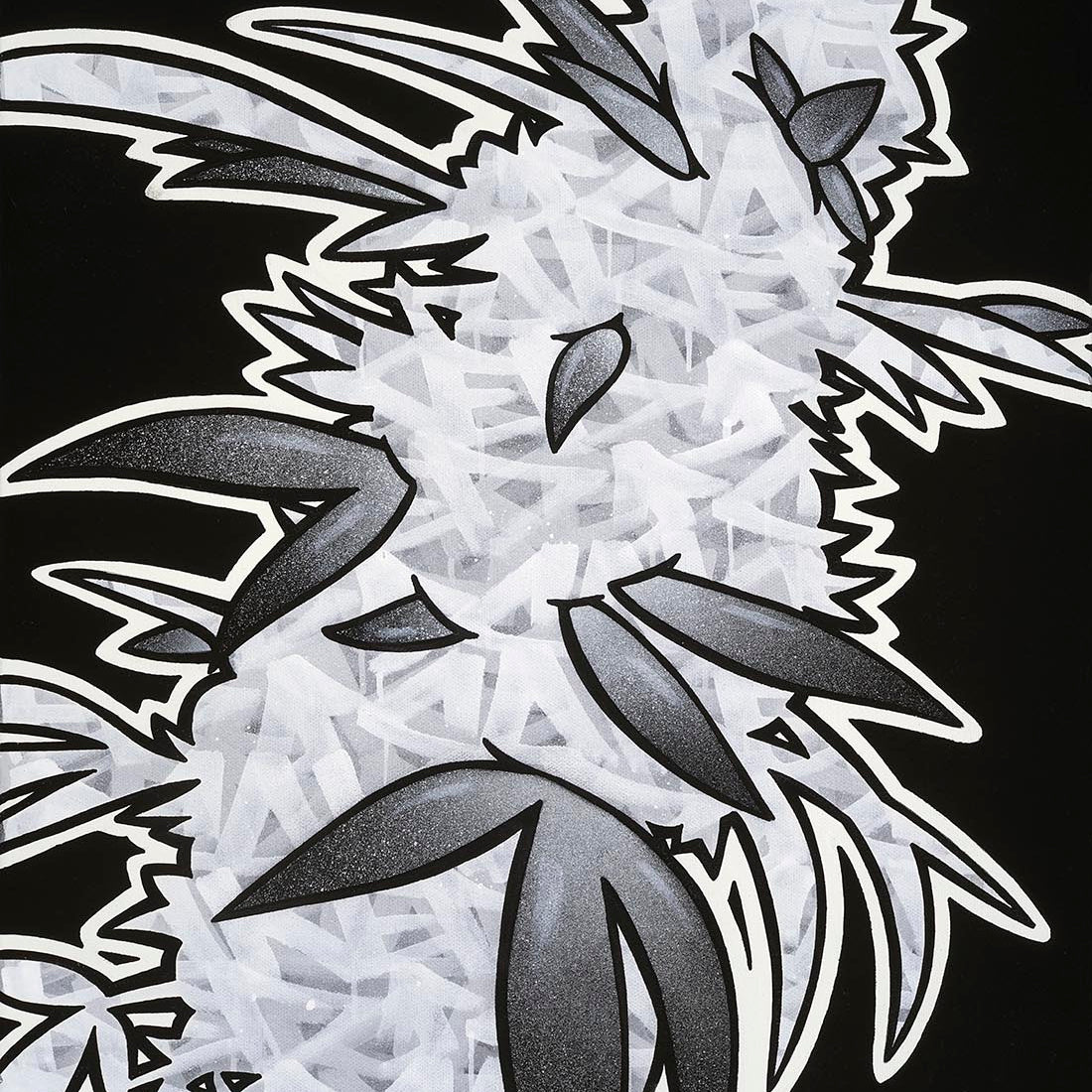 A black and white abstract graffiti art piece with a stylized, organic form resembling a cannabis plant flower, with a textured and spotted pattern.