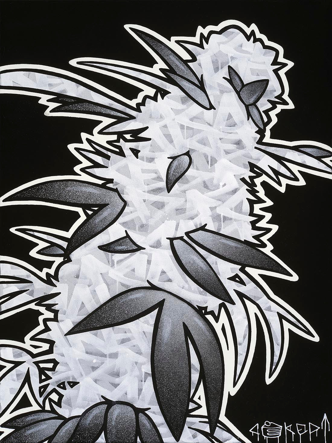 A black and white abstract graffiti art piece with a stylized, organic form resembling a cannabis plant flower, with a textured and spotted pattern.