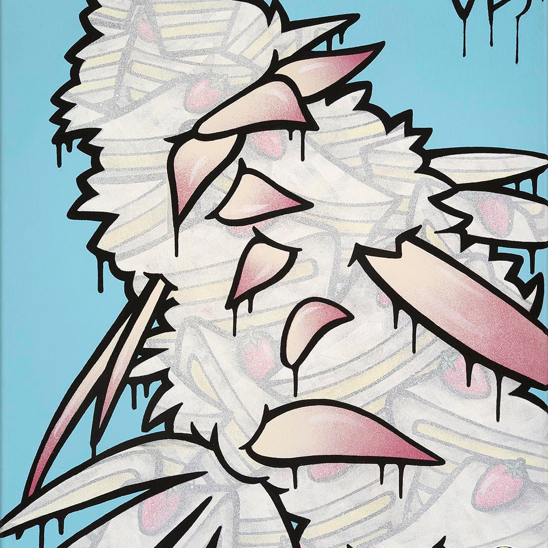 Abstract graffiti painting of a cannabis flower made up of cake with terpenes dripping’s off of it on a blue background, with the text 'CAKED UP!' at the top.