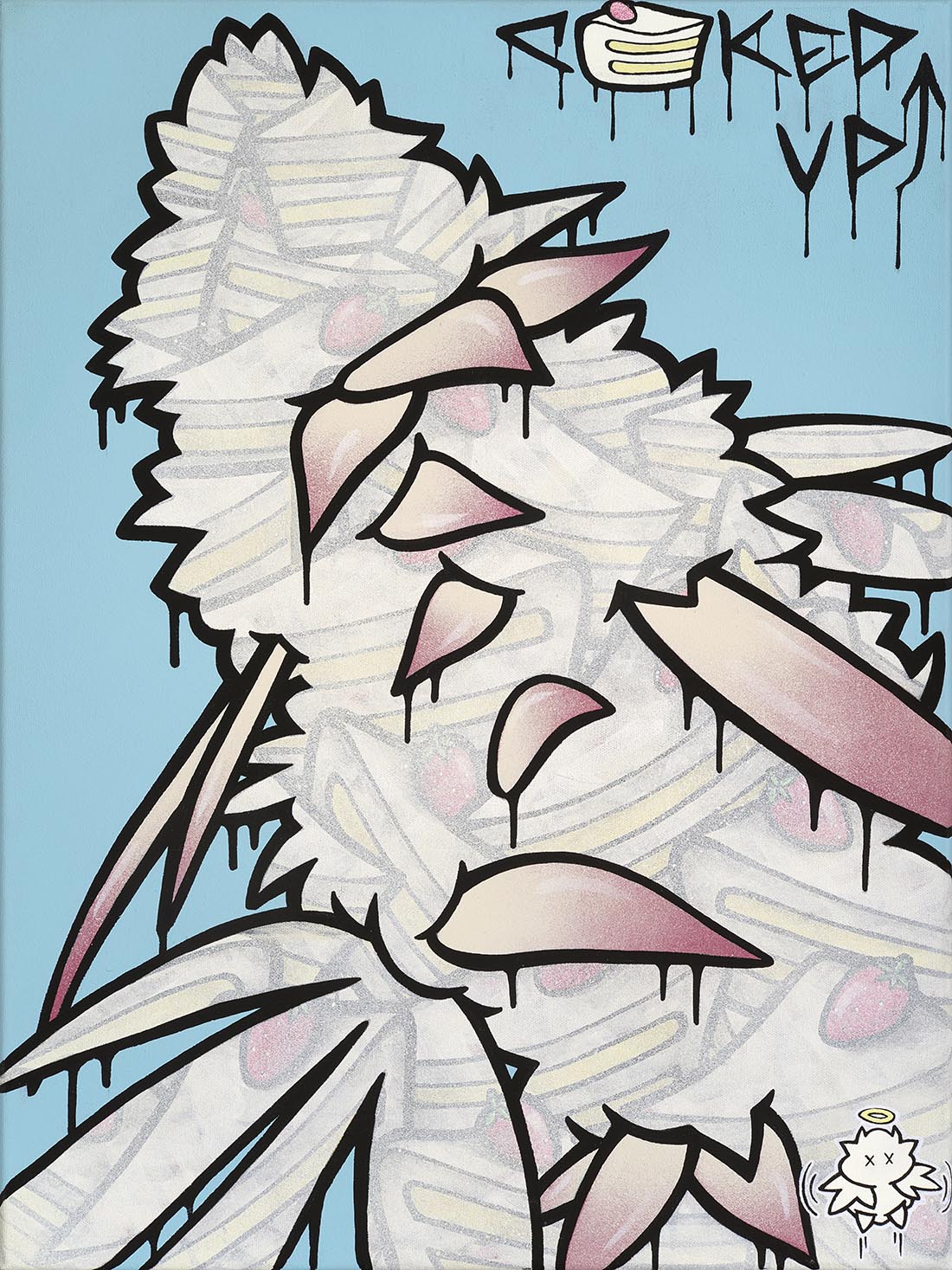 Abstract graffiti painting of a cannabis flower made up of cake with terpenes dripping’s off of it on a blue background, with the text 'CAKED UP!' at the top.