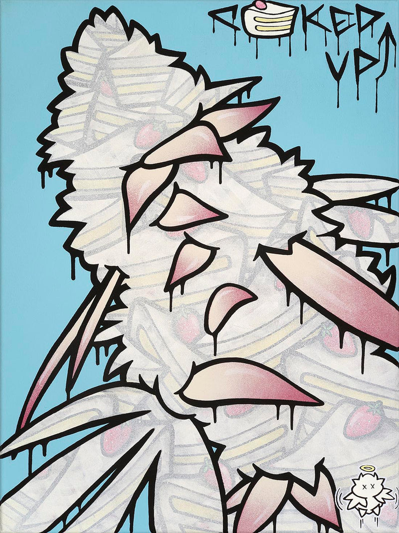 Abstract graffiti painting of a cannabis flower made up of cake with terpenes dripping’s off of it on a blue background, with the text 'CAKED UP!' at the top.