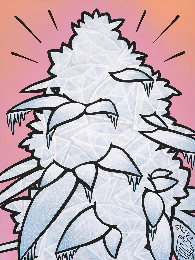 abstract graffiti painting of a cannabis flower made up of diamonds with icicles forming on leaves.