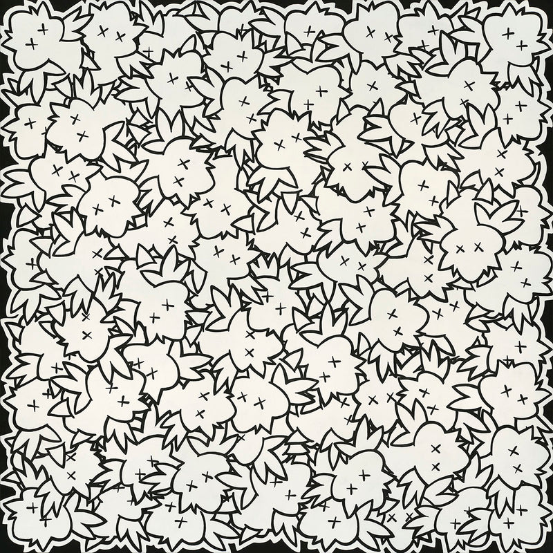 Black and white graffiti style nug characters packed together forming a pattern on a black background