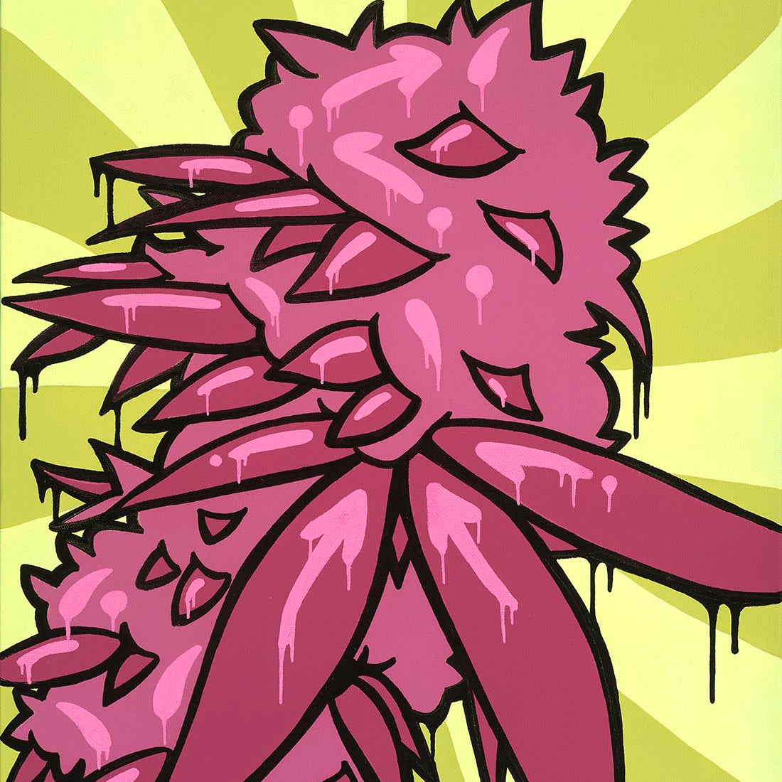 A bright colourful abstract graffiti art piece with a stylized, organic form resembling a cannabis plant flower.