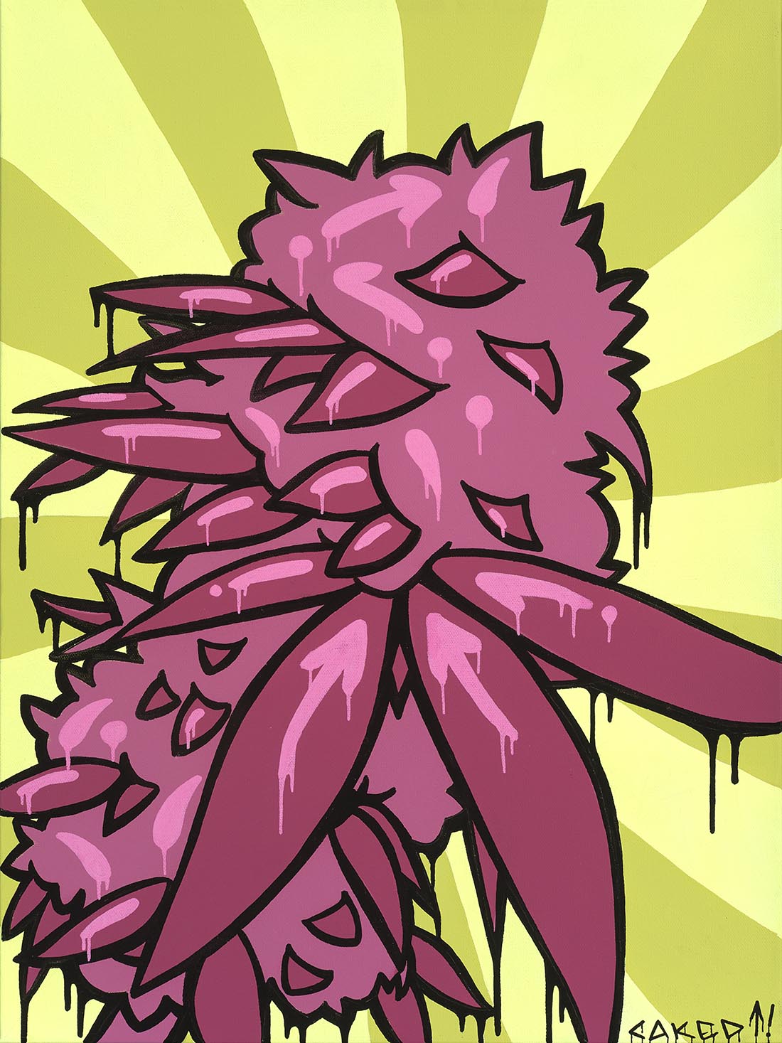 A bright colourful abstract graffiti art piece with a stylized, organic form resembling a cannabis plant flower.